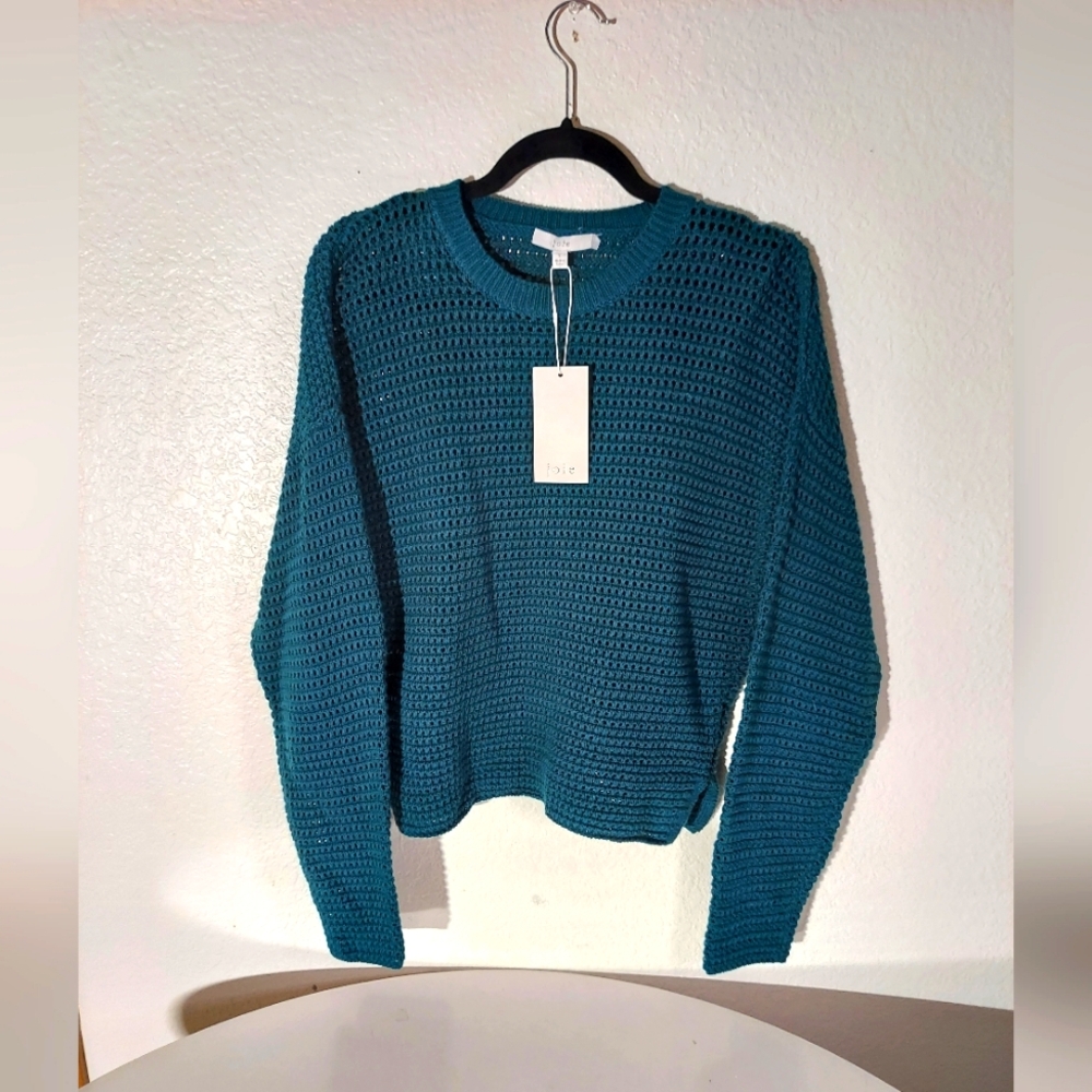 Joie Teal Cotton Crewneck Long Sleeve Open Knit Sweater Women's Size S NWT